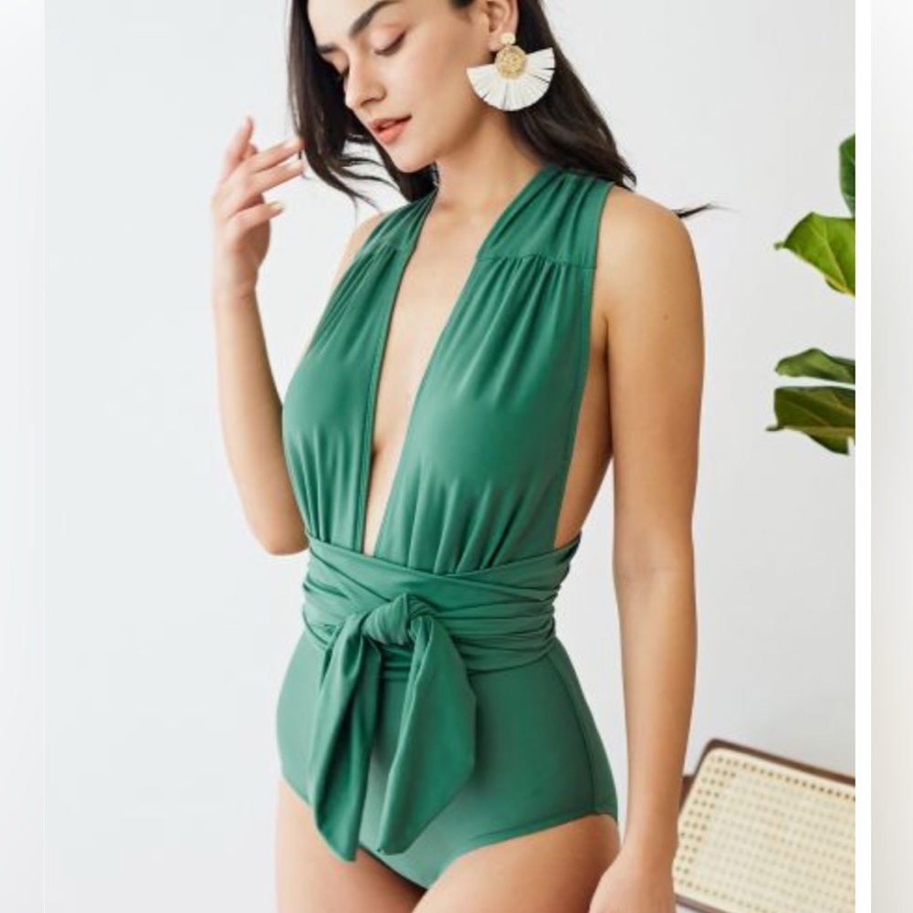 CHICWISH LACE-UP DEEP V-NECK ONE-PIECE SWIMSUIT IN GREEN